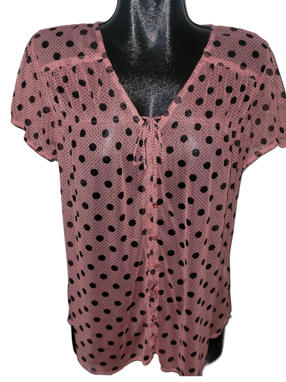 Reitman's Women's Pink Polka Dot Sheer Tie-Front Button-Up Blouse Size XL